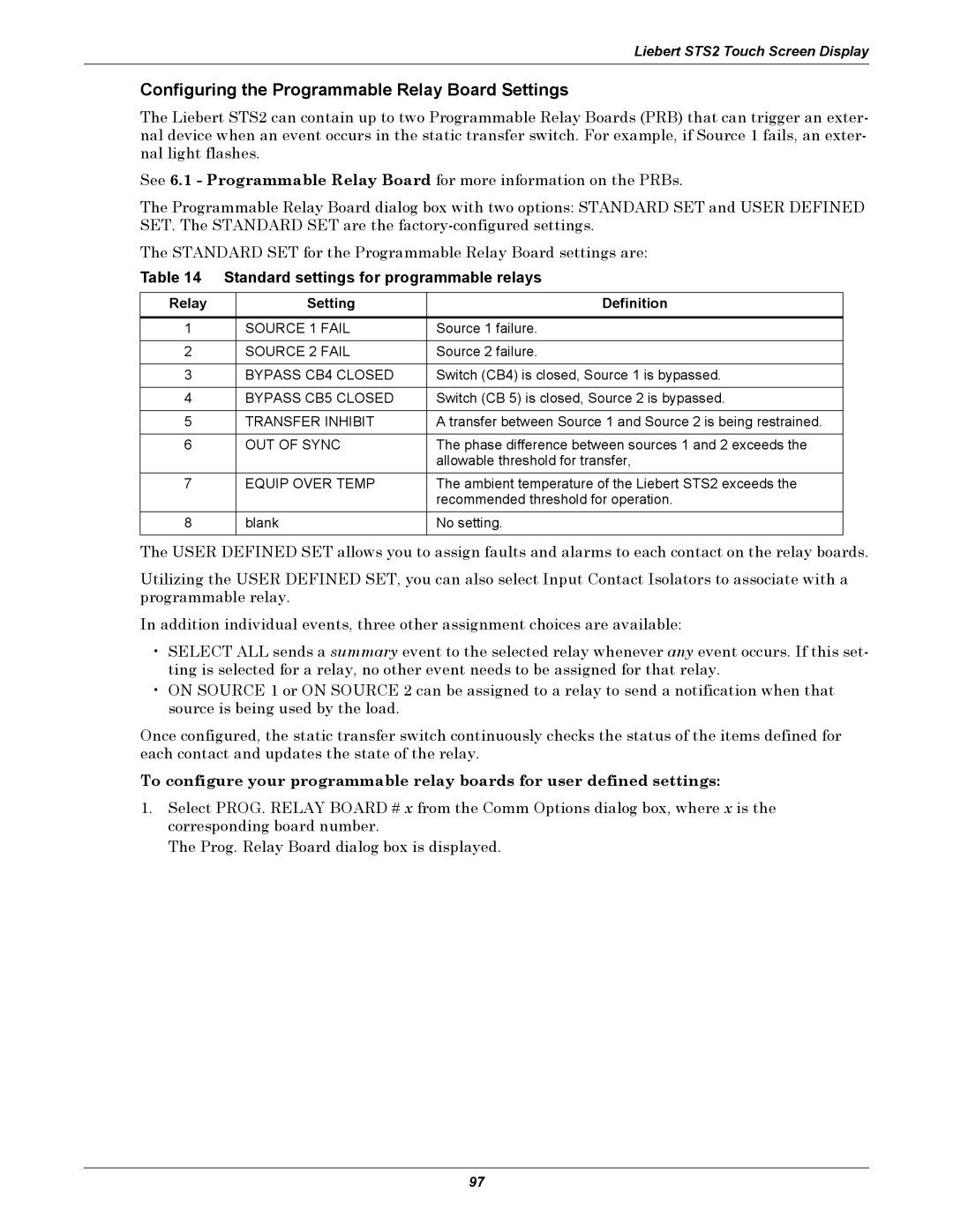 Emerson Static Transfer Switch user manual Configuring the Programmable Relay Board Settings, Relay Setting Definition 