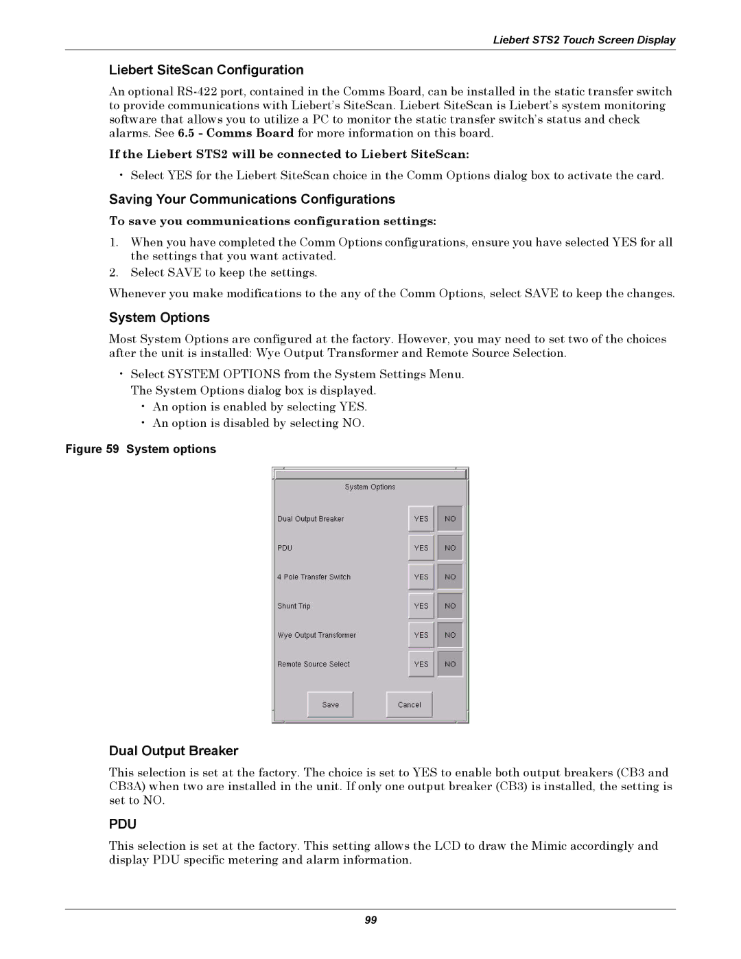 Emerson Static Transfer Switch Liebert SiteScan Configuration, Saving Your Communications Configurations, System Options 