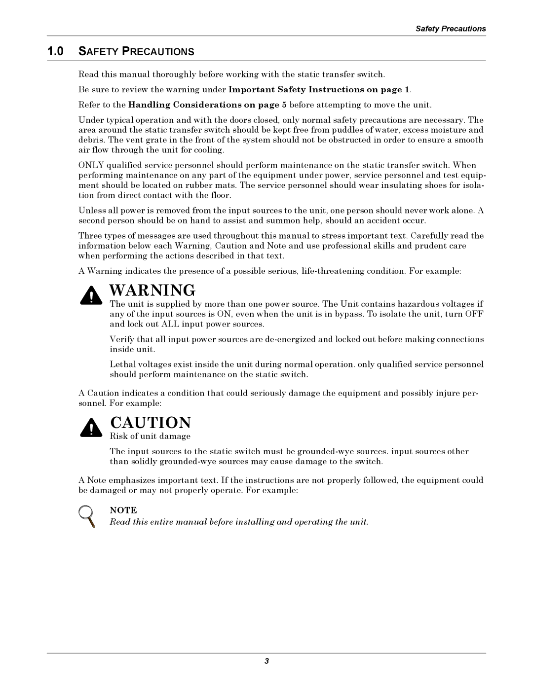 Emerson Static Transfer Switch user manual Safety Precautions 