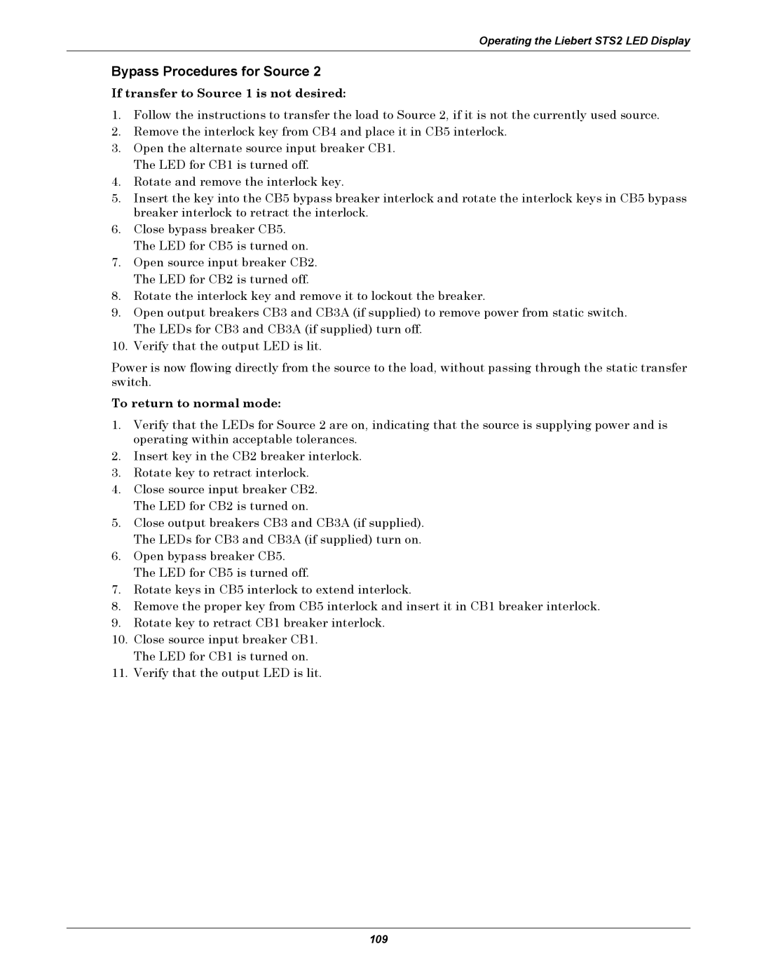 Emerson Static Transfer Switch user manual If transfer to Source 1 is not desired, To return to normal mode 