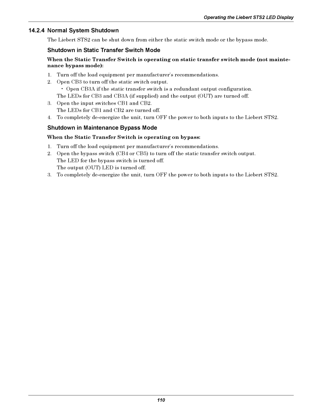 Emerson user manual Normal System Shutdown, When the Static Transfer Switch is operating on bypass 