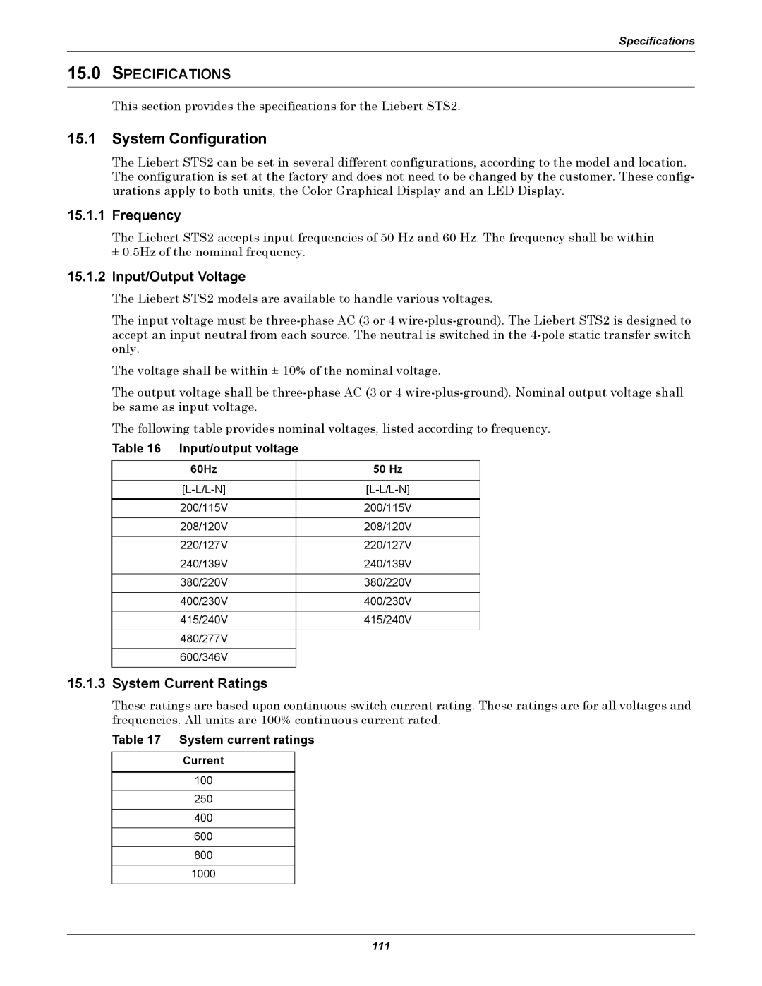 Emerson Static Transfer Switch user manual System Configuration, Specifications, Frequency, Input/Output Voltage 