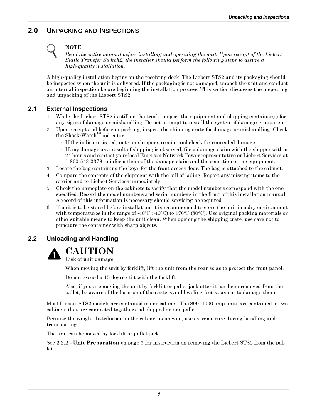 Emerson Static Transfer Switch user manual External Inspections, Unloading and Handling, Unpacking and Inspections 