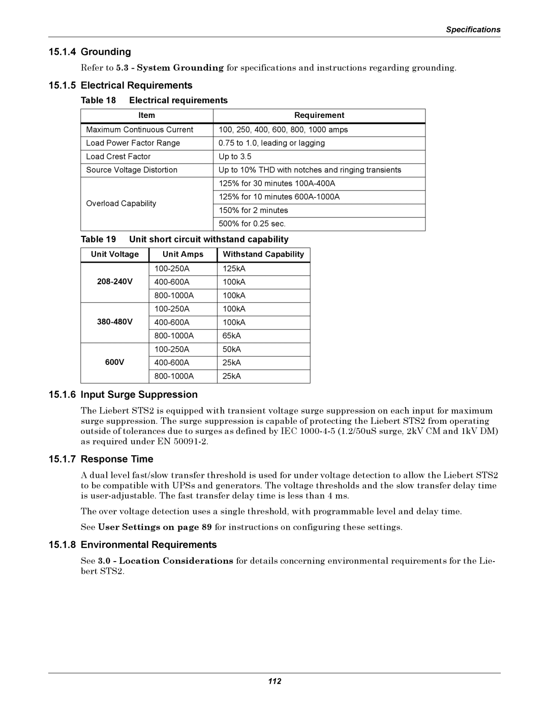 Emerson Static Transfer Switch user manual Grounding, Electrical Requirements, Input Surge Suppression, Response Time 