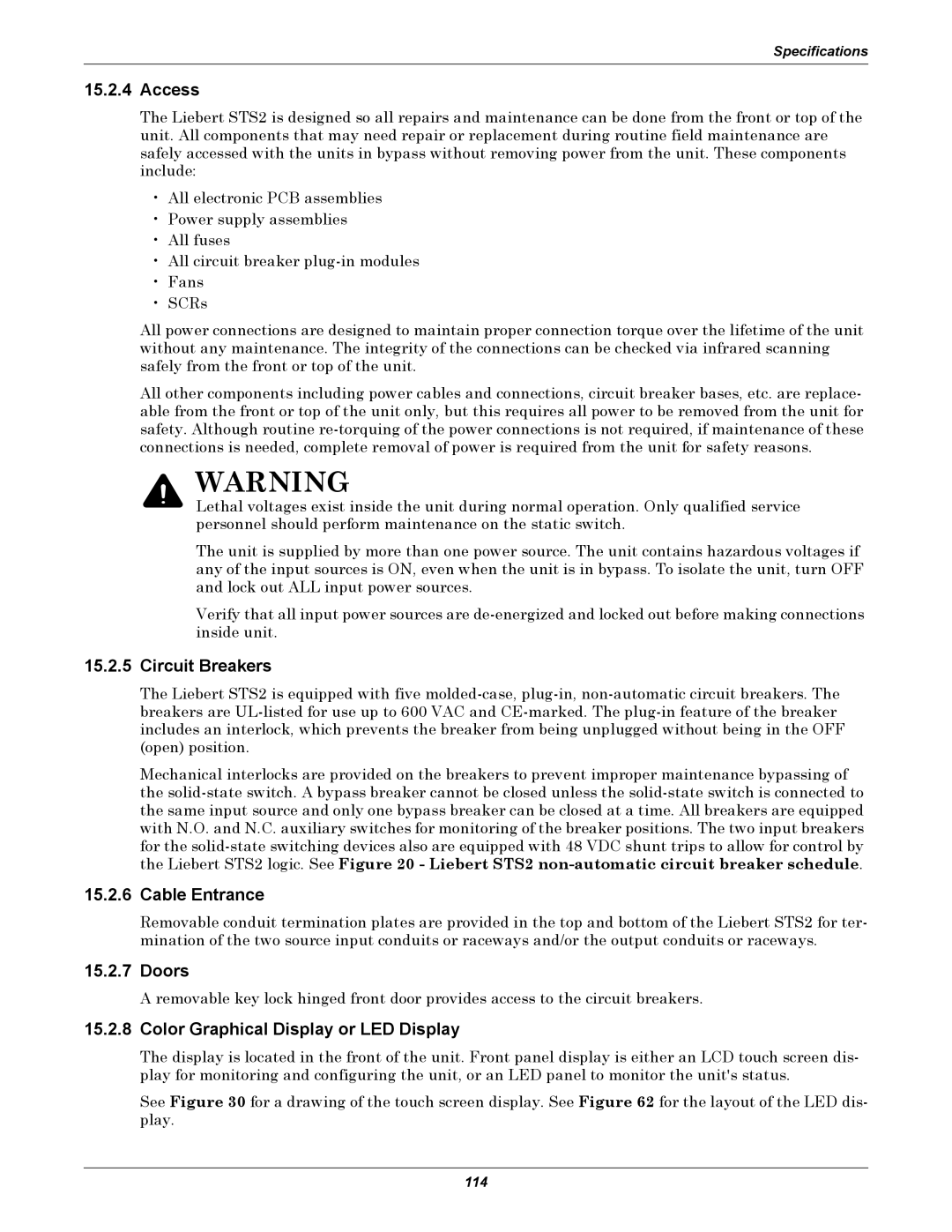 Emerson Static Transfer Switch user manual Access, Cable Entrance, Doors, Color Graphical Display or LED Display 