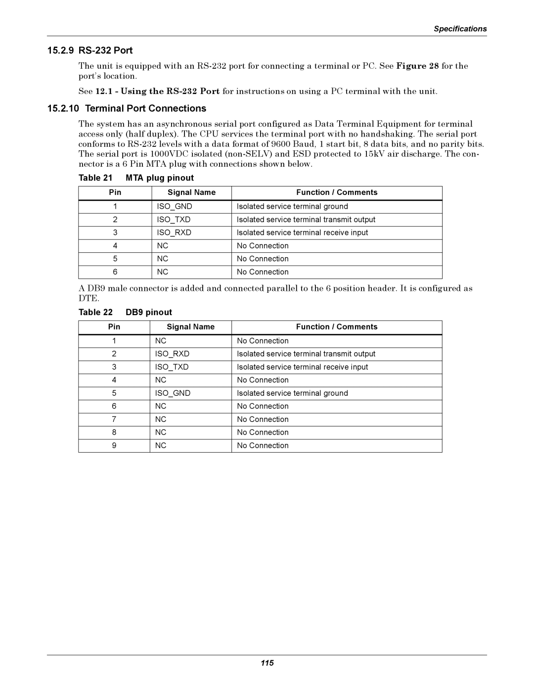 Emerson Static Transfer Switch user manual 15.2.9 RS-232 Port, Terminal Port Connections, MTA plug pinout, DB9 pinout 