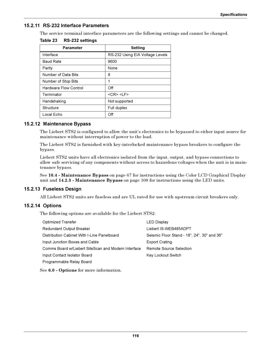 Emerson Static Transfer Switch user manual 15.2.11 RS-232 Interface Parameters, Fuseless Design, Options, RS-232 settings 