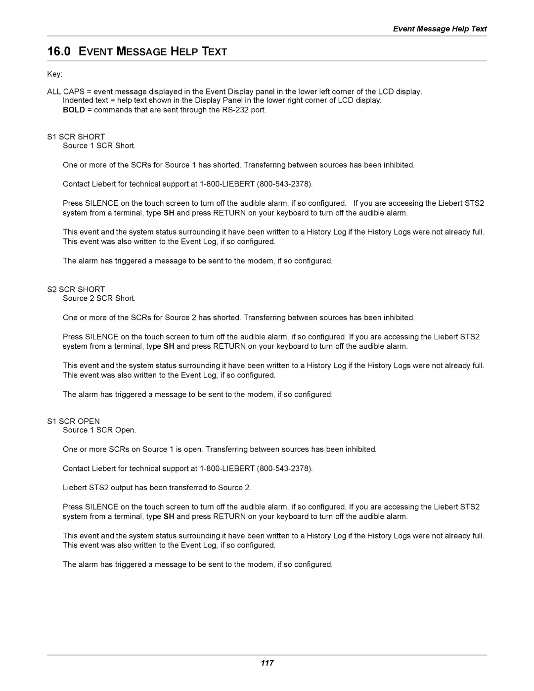 Emerson Static Transfer Switch user manual Event Message Help Text, S1 SCR Short, S2 SCR Short, S1 SCR Open 