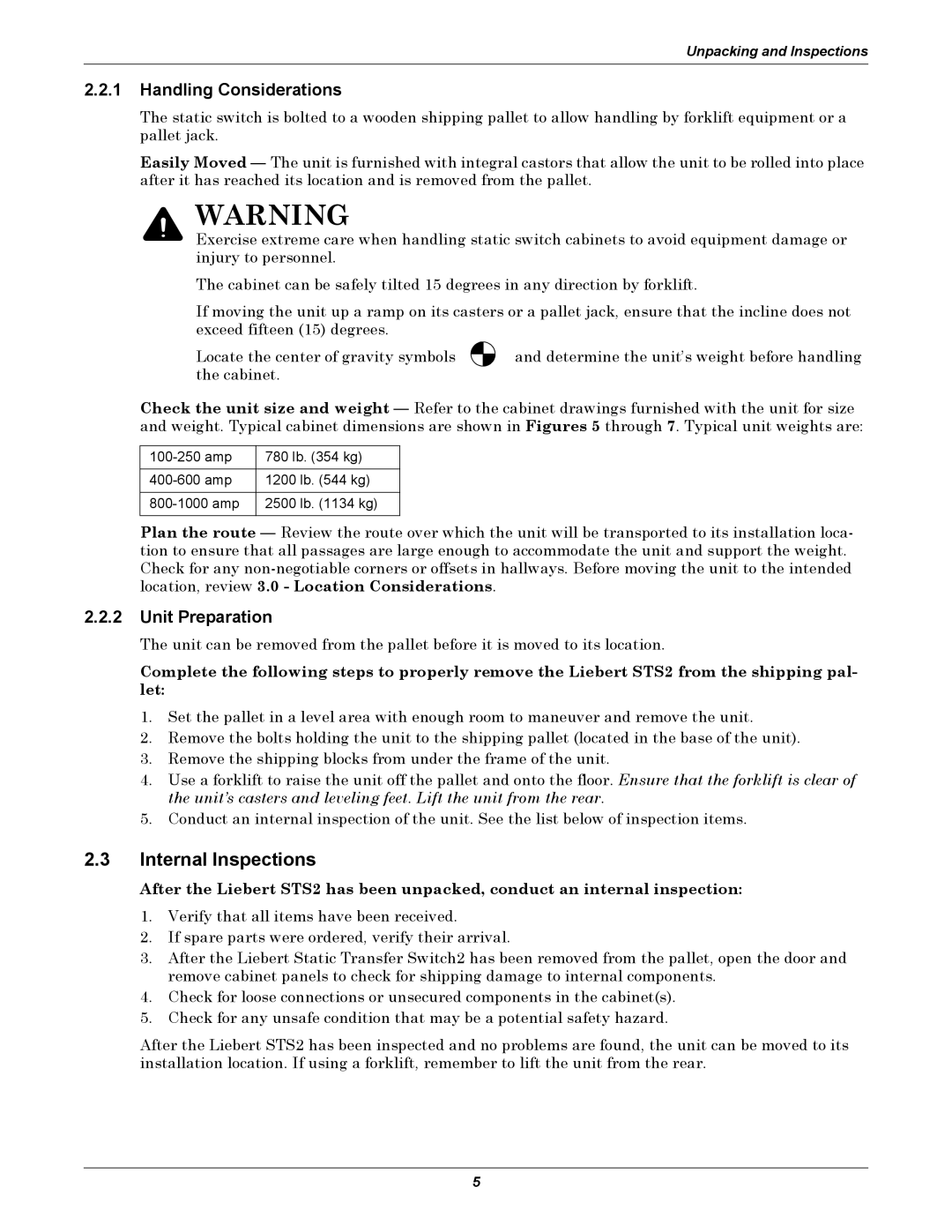 Emerson Static Transfer Switch user manual Internal Inspections, Handling Considerations, Unit Preparation 