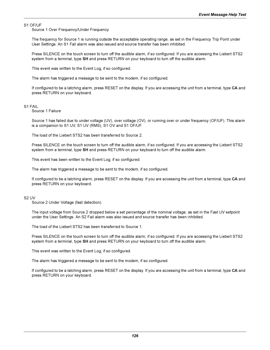 Emerson Static Transfer Switch user manual S1 OF/UF, S1 Fail, S2 UV 