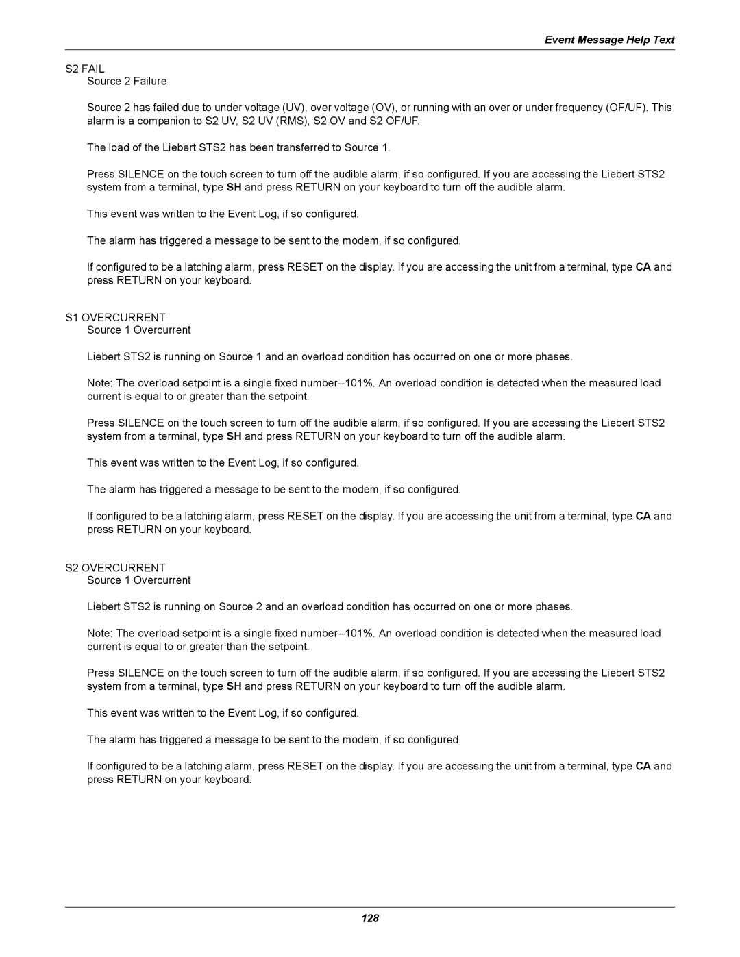 Emerson Static Transfer Switch user manual S2 Fail, S1 Overcurrent 