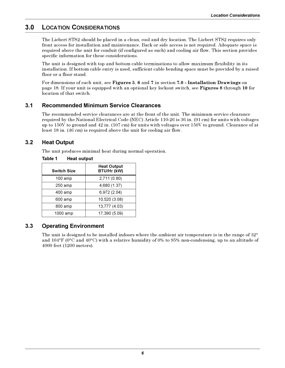 Emerson Static Transfer Switch Recommended Minimum Service Clearances, Heat Output, Operating Environment, Heat output 