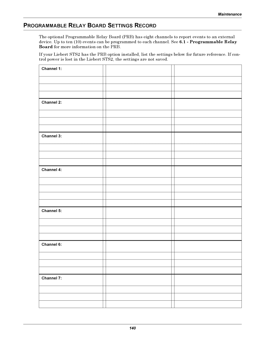 Emerson Static Transfer Switch user manual Programmable Relay Board Settings Record, Channel 