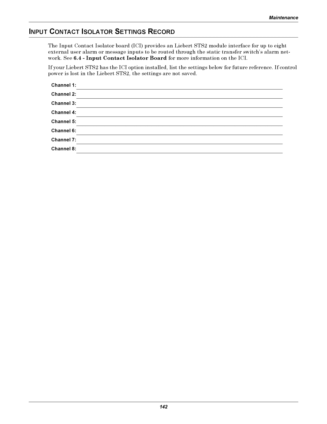 Emerson Static Transfer Switch user manual Input Contact Isolator Settings Record 