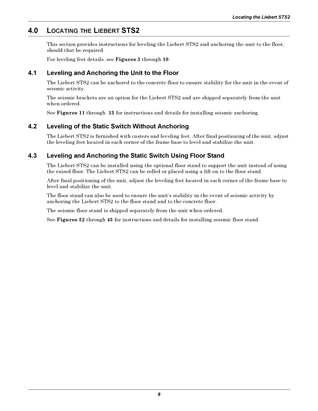 Emerson Static Transfer Switch user manual Leveling and Anchoring the Unit to the Floor, Locating the Liebert STS2 