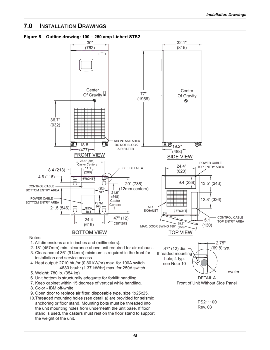 Emerson Static Transfer Switch user manual Installation Drawings, Outline drawing 100 250 amp Liebert STS2 