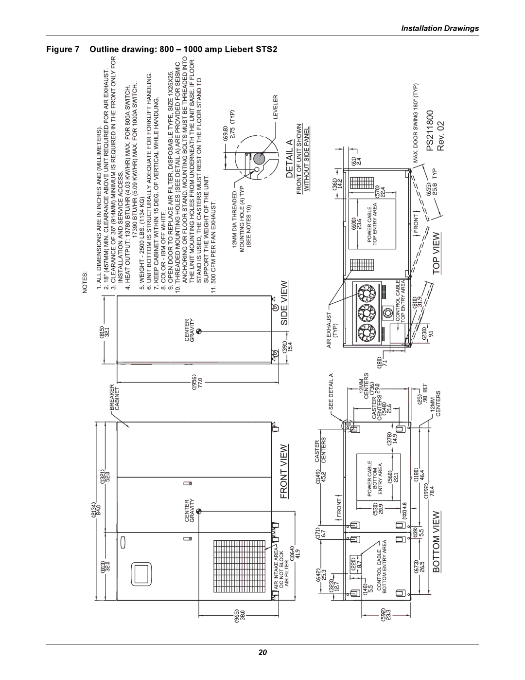 Emerson Static Transfer Switch user manual Outline drawing 800 1000 amp Liebert STS2 