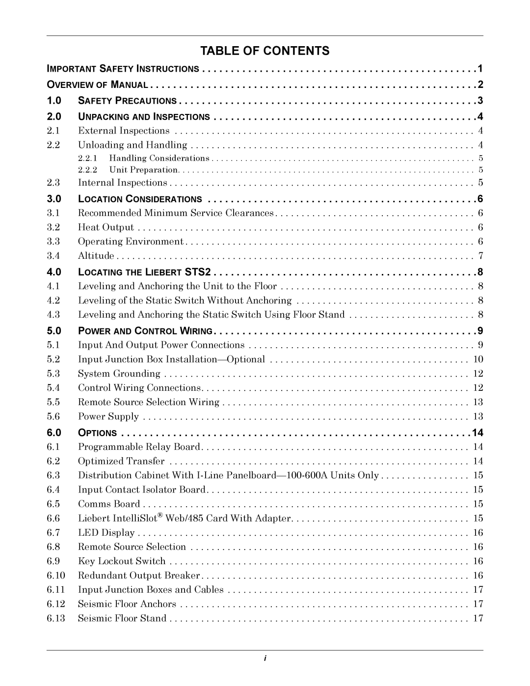 Emerson Static Transfer Switch user manual Table of Contents 