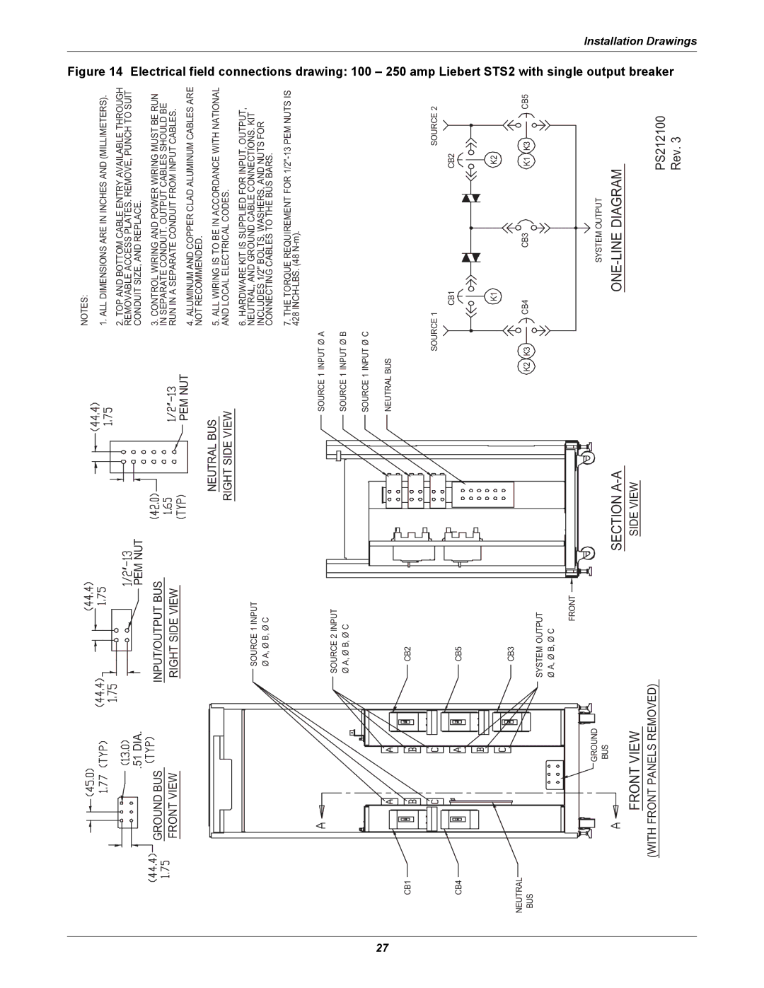 Emerson Static Transfer Switch Electrical field connections, Drawing 100 250 amp Liebert STS2 with single output breaker 