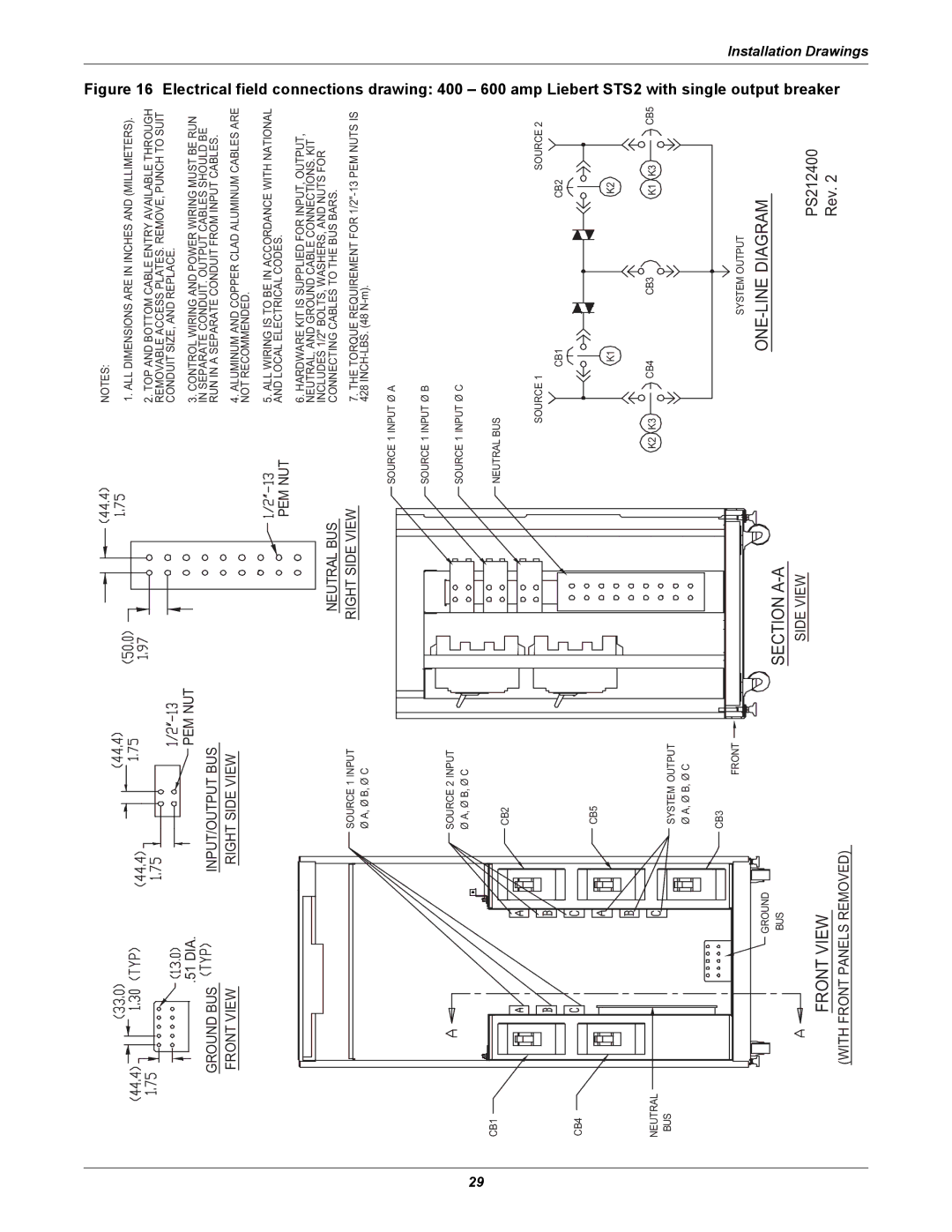 Emerson Static Transfer Switch user manual Drawing 400 600 amp Liebert STS2 with single output breaker 