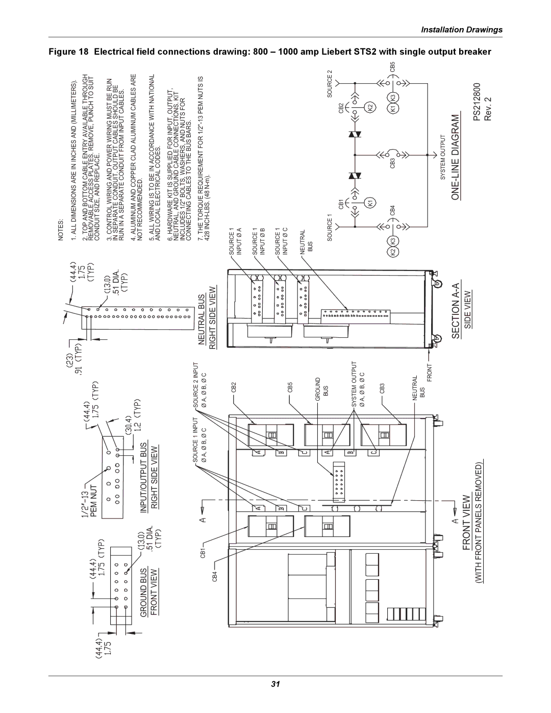 Emerson Static Transfer Switch user manual Breaker, Drawing 800 1000 amp Liebert STS2 with single output 