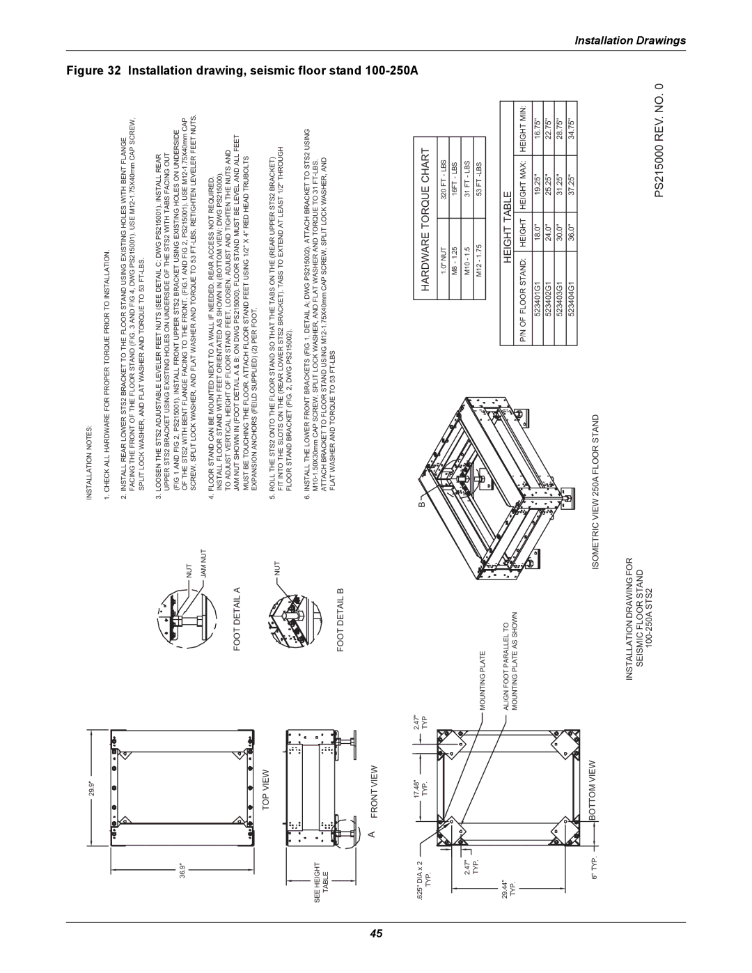 Emerson Static Transfer Switch user manual Installation drawing, seismic floor stand 100-250A 