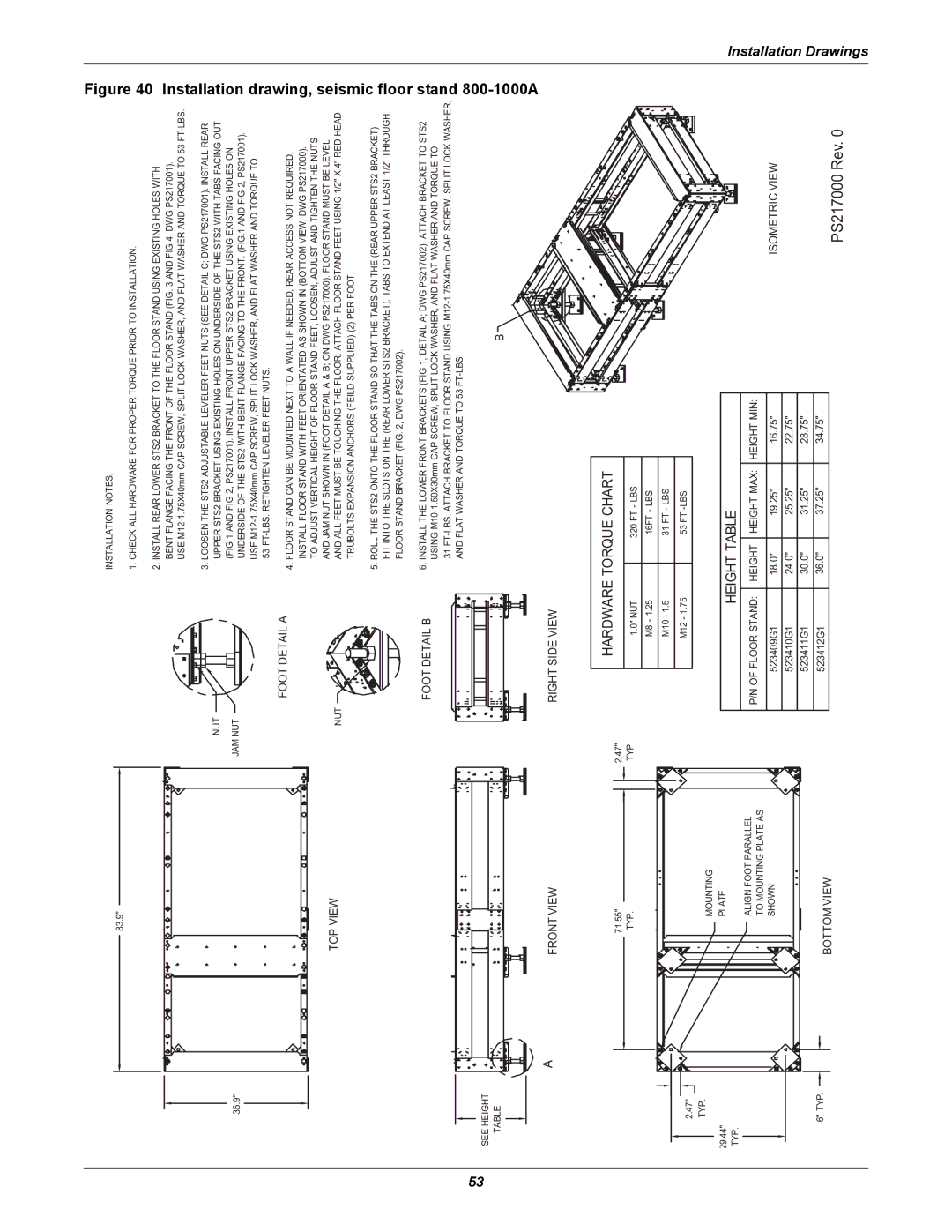 Emerson Static Transfer Switch user manual Installation drawing, seismic floor stand 800-1000A 