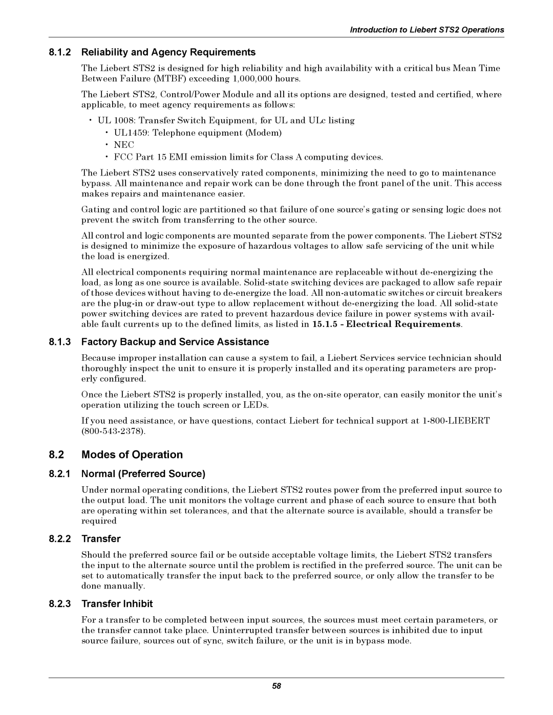 Emerson Static Transfer Switch user manual Modes of Operation 