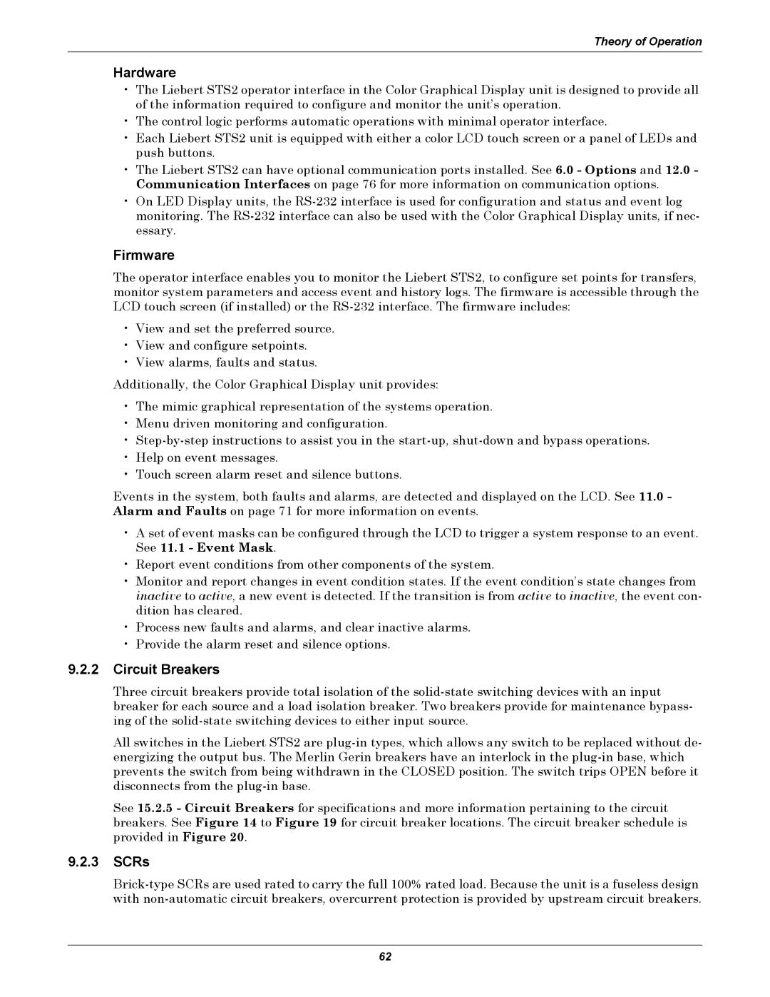 Emerson Static Transfer Switch user manual Hardware, Firmware, Circuit Breakers, SCRs 