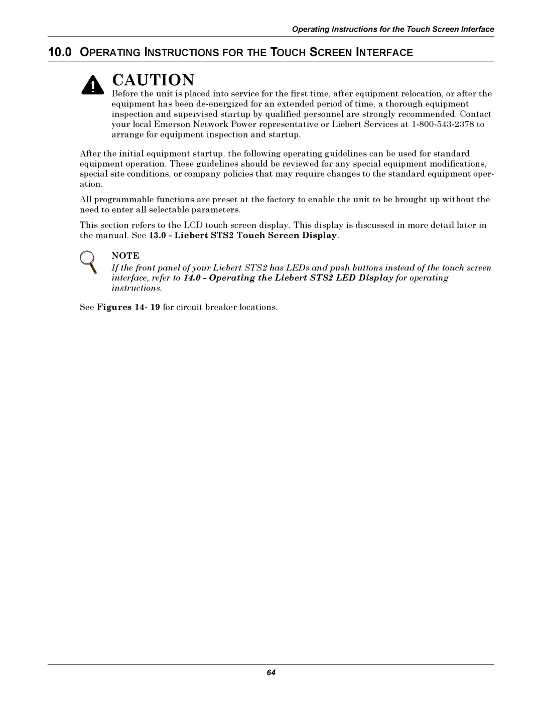 Emerson Static Transfer Switch user manual Operating Instructions for the Touch Screen Interface 