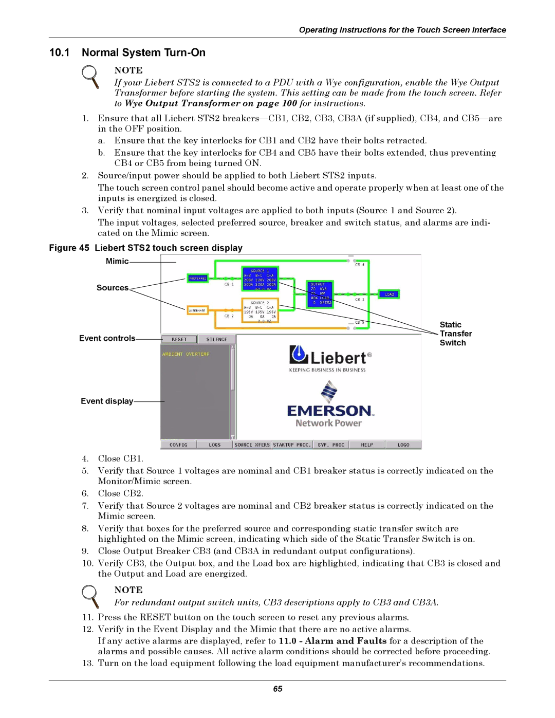 Emerson Static Transfer Switch user manual Normal System Turn-On, Liebert STS2 touch screen display 