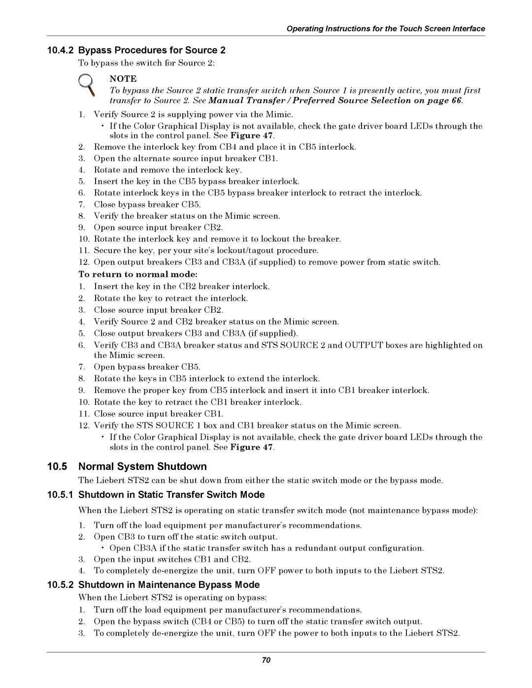 Emerson user manual Normal System Shutdown, Shutdown in Static Transfer Switch Mode, Shutdown in Maintenance Bypass Mode 