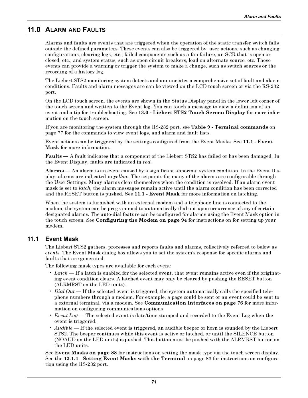 Emerson Static Transfer Switch user manual Event Mask, Alarm and Faults 