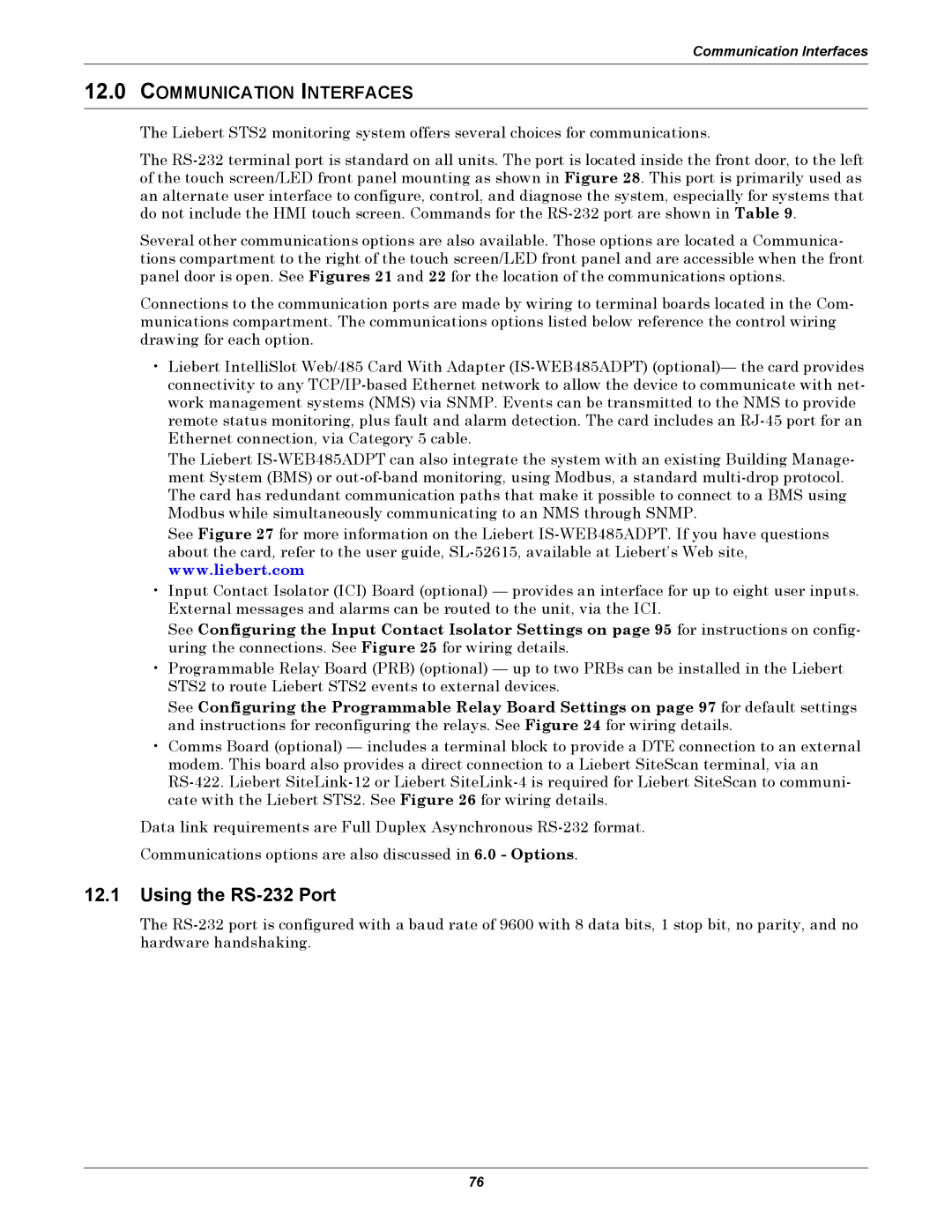 Emerson Static Transfer Switch user manual Using the RS-232 Port, Communication Interfaces 