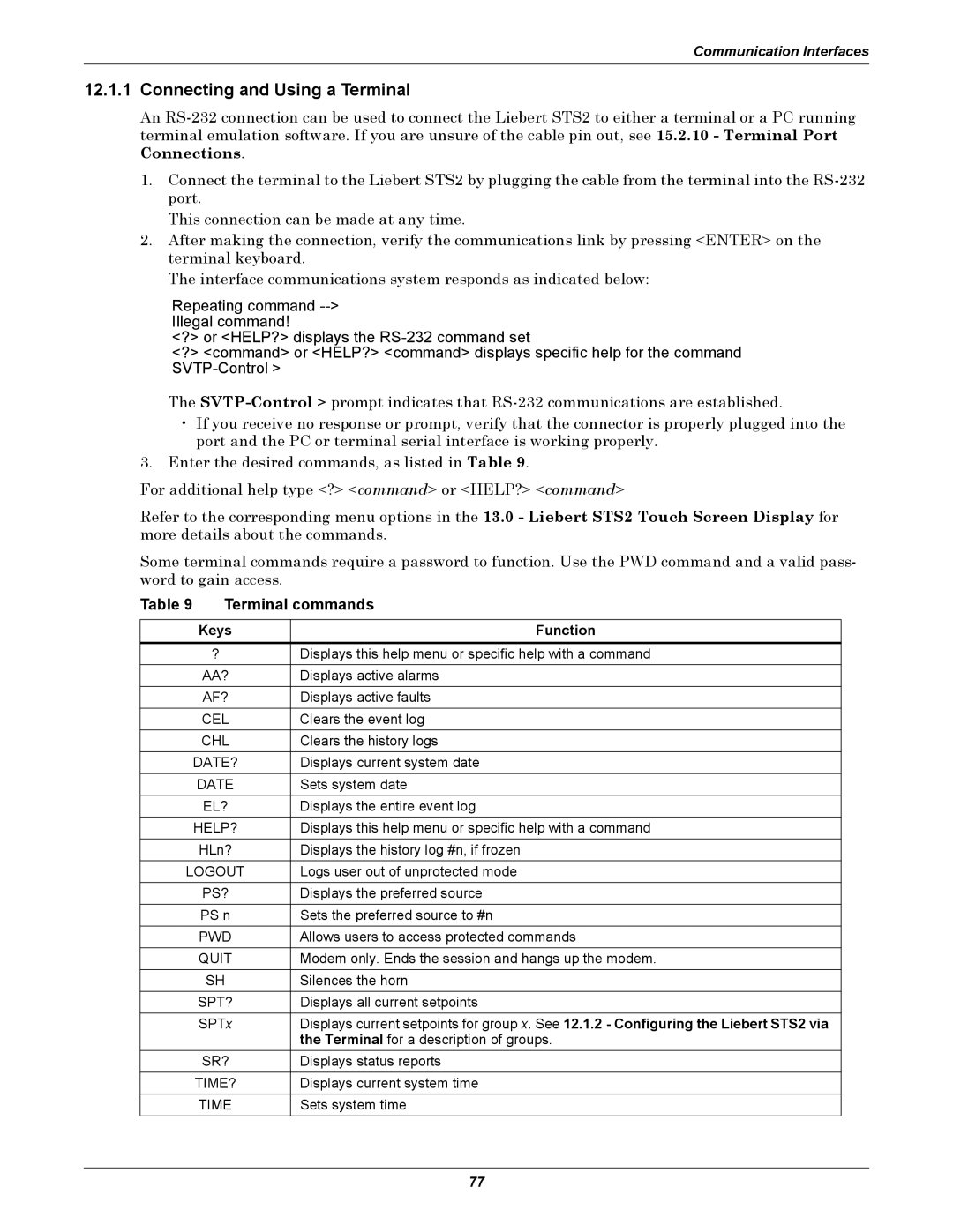 Emerson Static Transfer Switch user manual Connecting and Using a Terminal, Terminal commands, Keys Function 