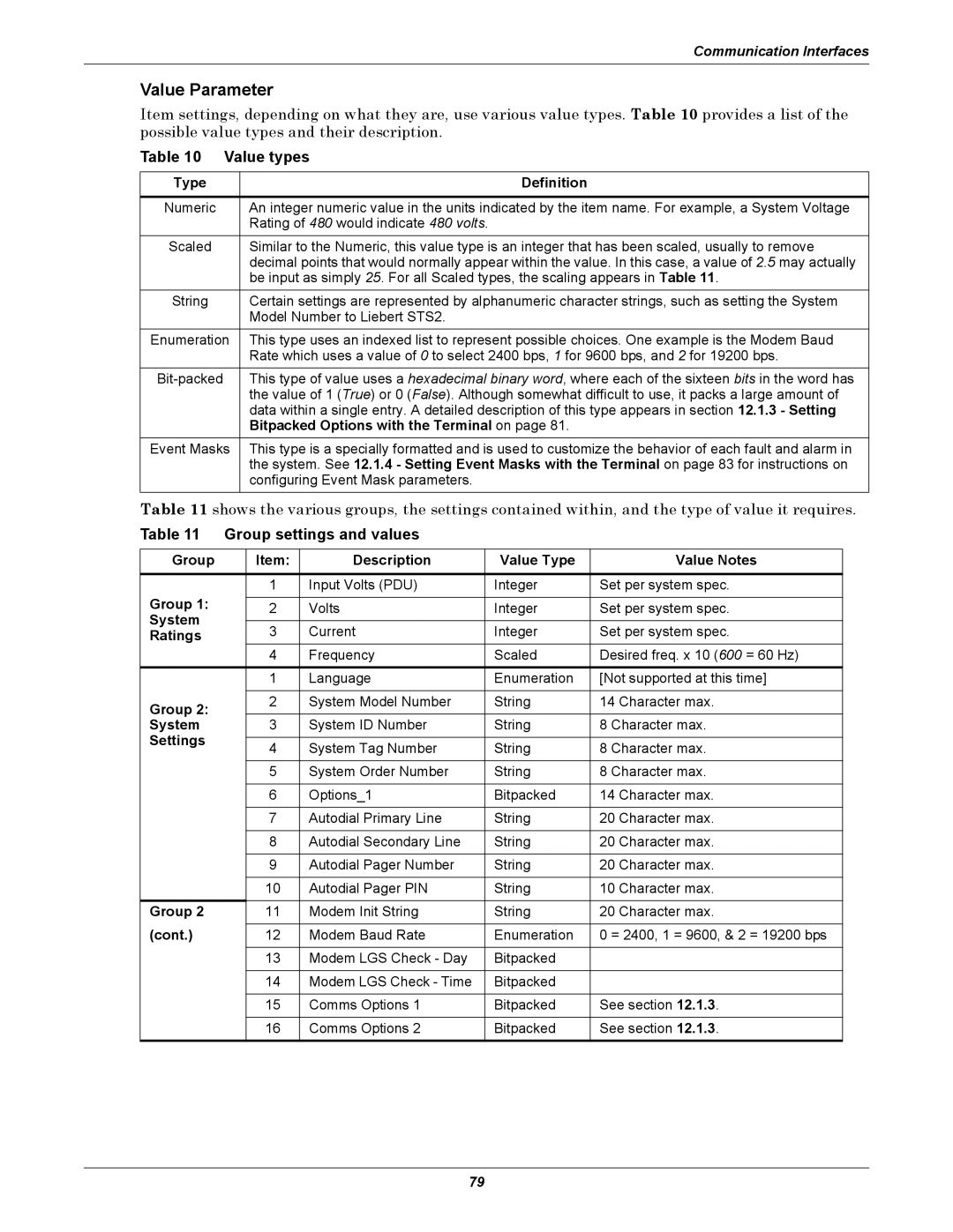 Emerson Static Transfer Switch user manual Value Parameter, Value types, Group settings and values 