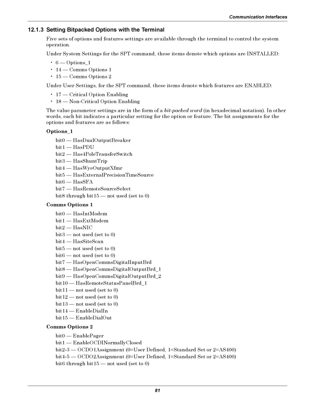 Emerson Static Transfer Switch user manual Setting Bitpacked Options with the Terminal, Options1, Comms Options 