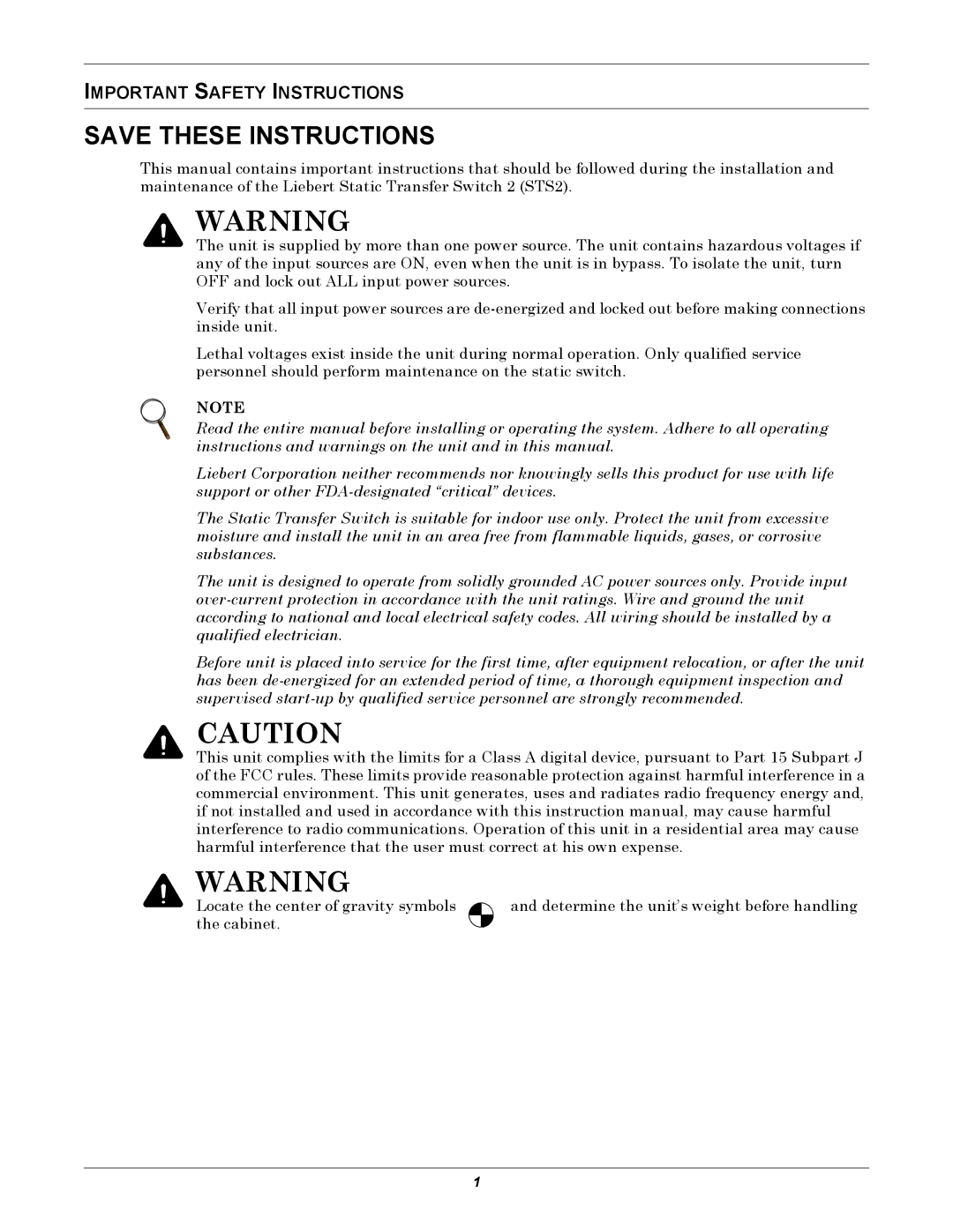 Emerson Static Transfer Switch user manual Important Safety Instructions 