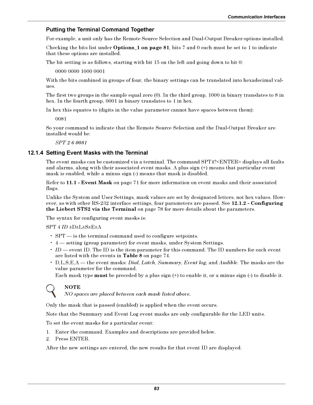 Emerson Static Transfer Switch user manual Putting the Terminal Command Together, Setting Event Masks with the Terminal 