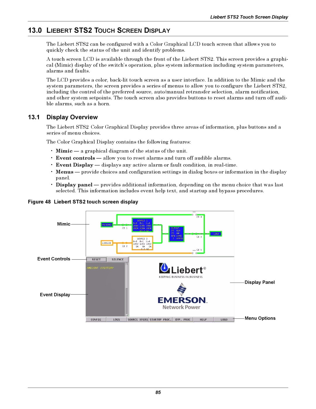 Emerson Static Transfer Switch user manual Display Overview, Liebert STS2 Touch Screen Display 