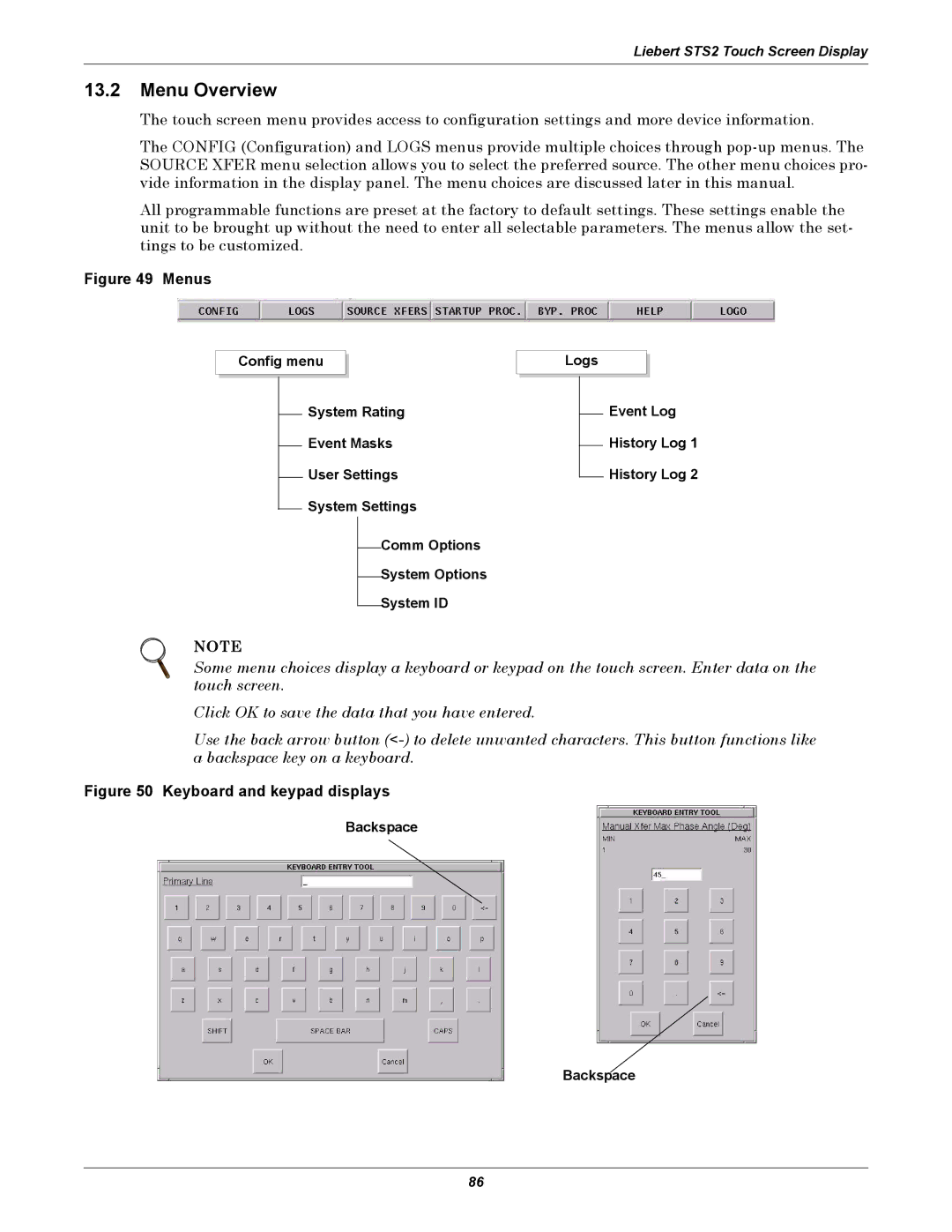 Emerson Static Transfer Switch user manual Menu Overview, Backspace 