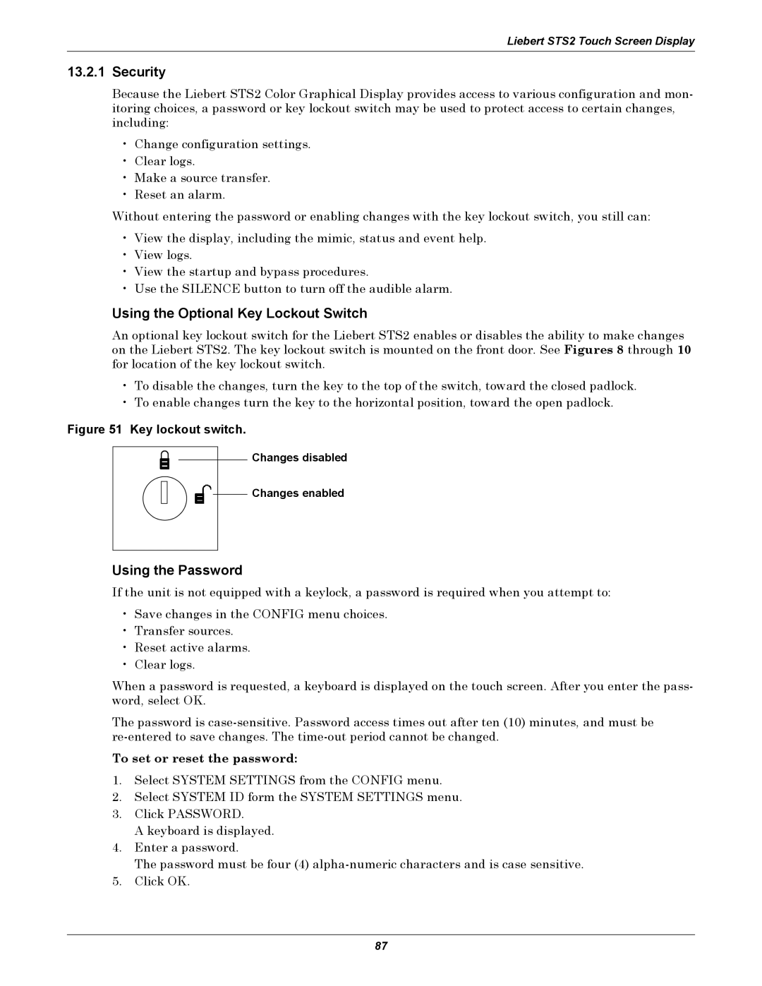 Emerson Static Transfer Switch user manual Security, Using the Optional Key Lockout Switch, Using the Password 