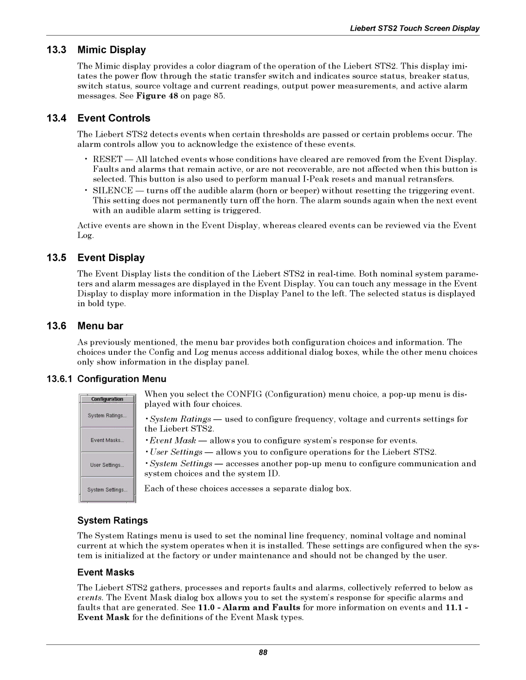 Emerson Static Transfer Switch user manual Mimic Display, Event Controls, Event Display, Menu bar 