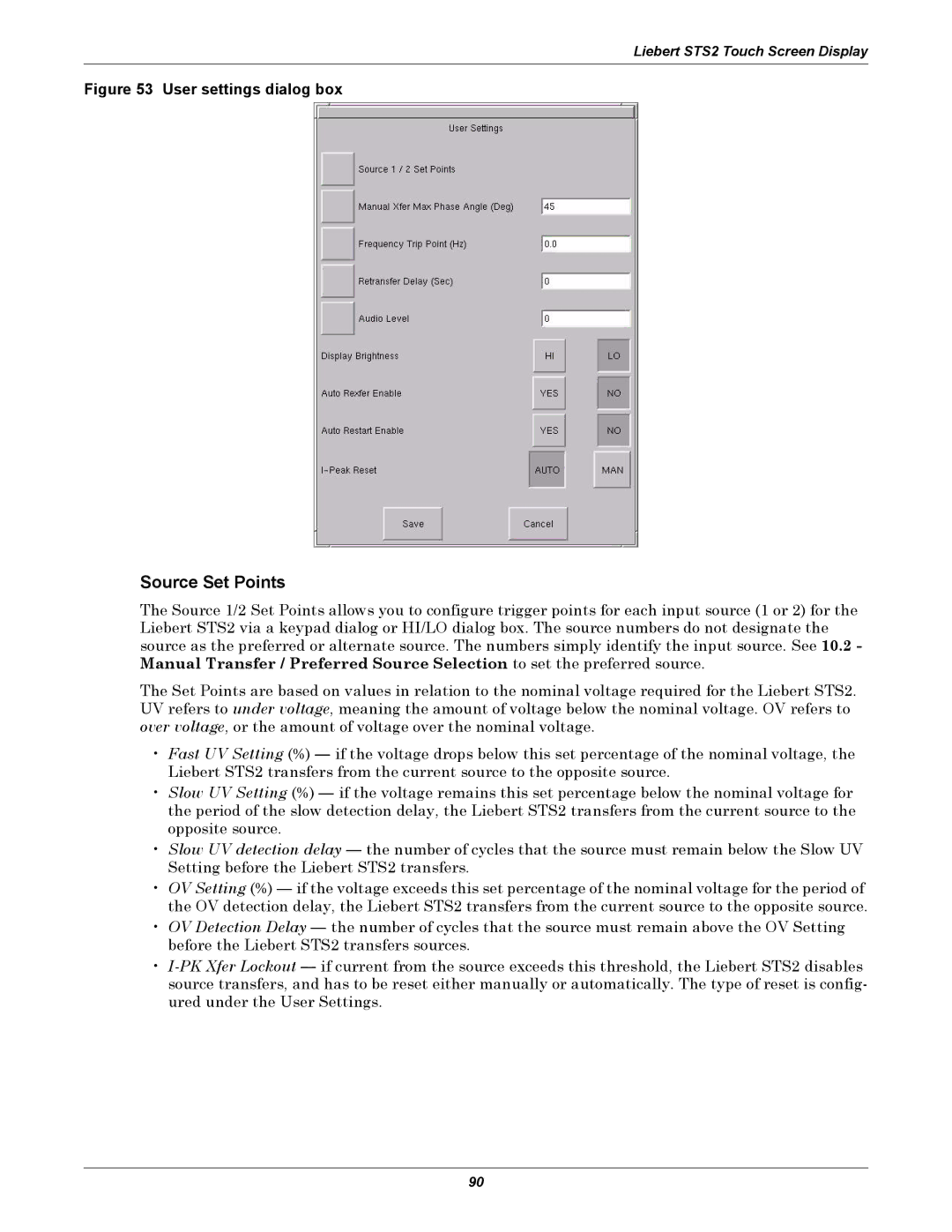 Emerson Static Transfer Switch user manual Source Set Points, User settings dialog box 