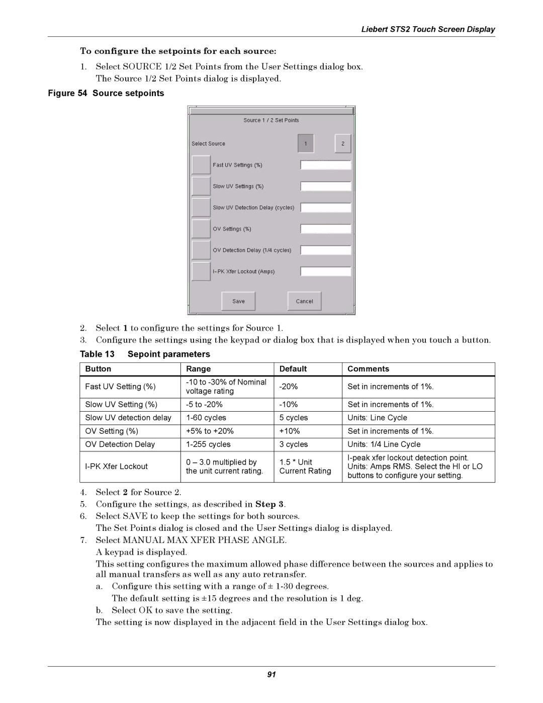 Emerson Static Transfer Switch user manual To configure the setpoints for each source, Sepoint parameters 