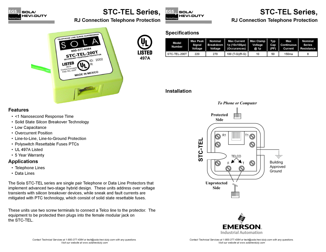 Emerson STC-TEL 200T warranty STC-TELSeries, RJ Connection Telephone Protection, Features, Applications, Installation 