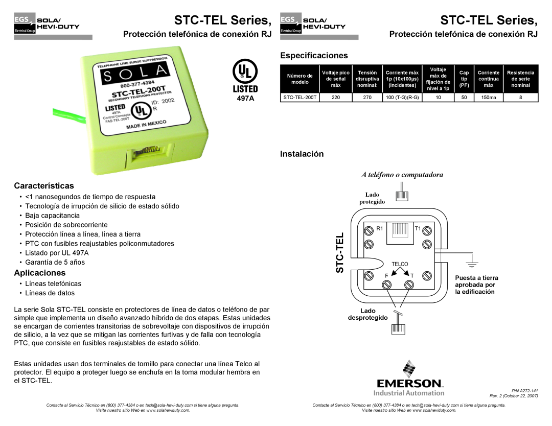 Emerson STC-TEL 200T Stc-Tel, Protección telefónica de conexión RJ, Características, Especificaciones, Instalación, 497A 