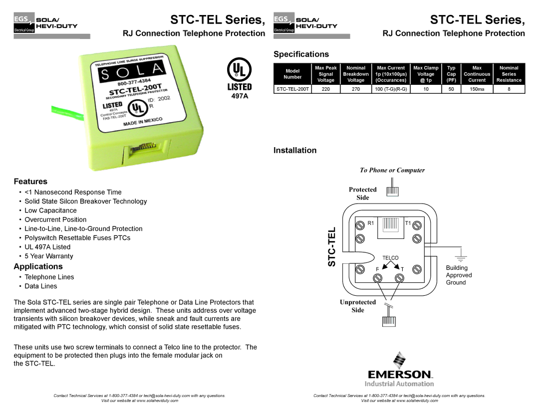 Emerson STC-TEL 200T warranty RJ Connection Telephone Protection, Features, Applications, Installation 