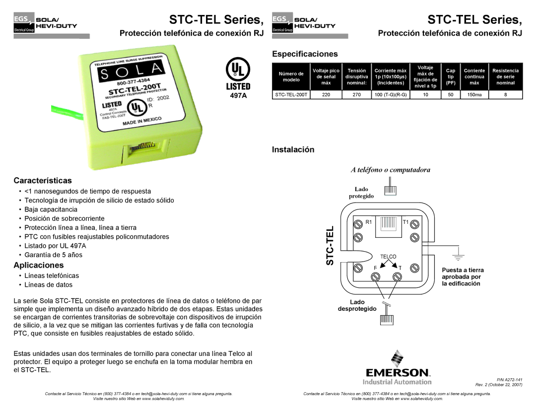 Emerson STC-TEL 200T warranty Protección telefónica de conexión RJ, Características, Instalación, Aplicaciones 