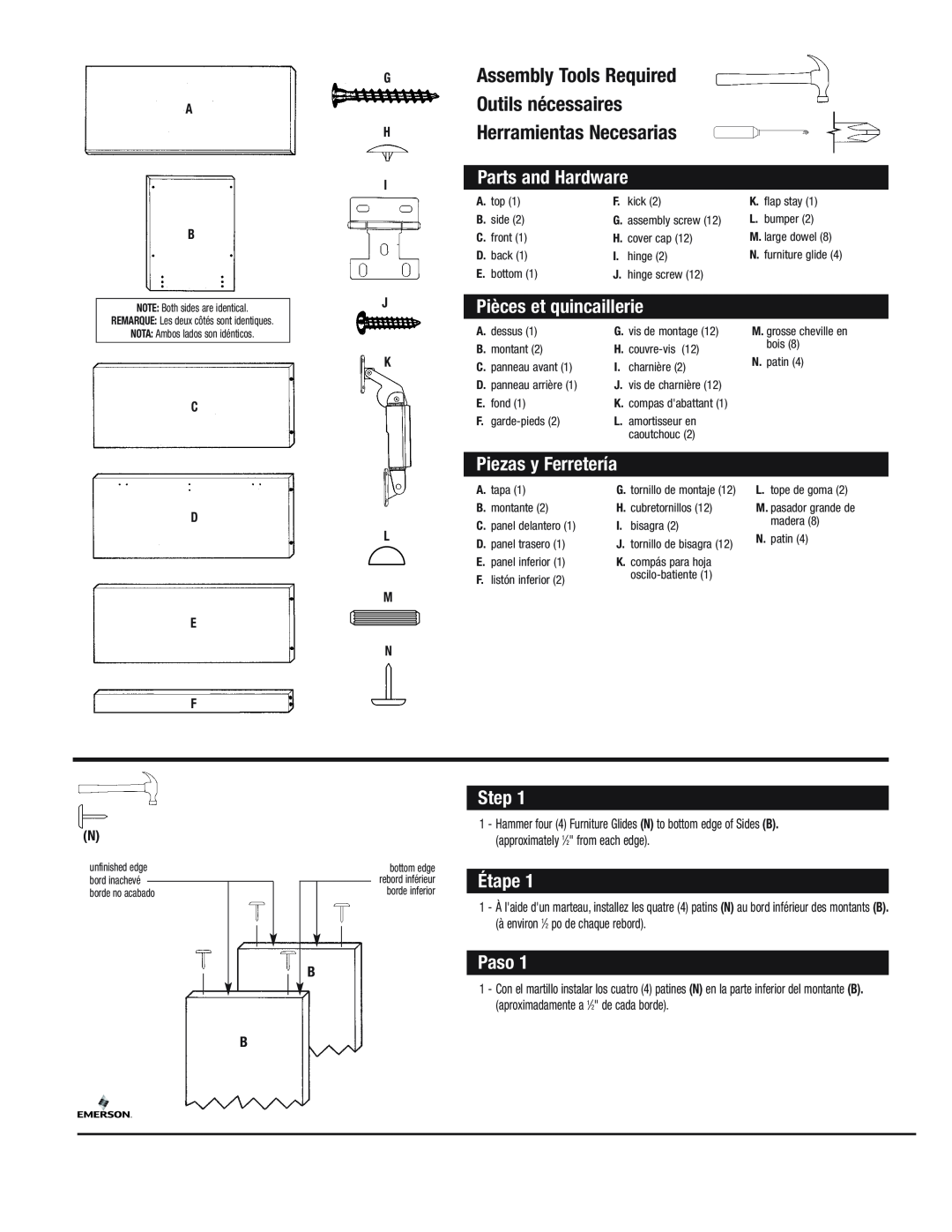 Emerson STCH manual Parts and Hardware, Pièces et quincaillerie, Piezas y Ferretería, Step, Étape, Paso, G A H, C D E F 